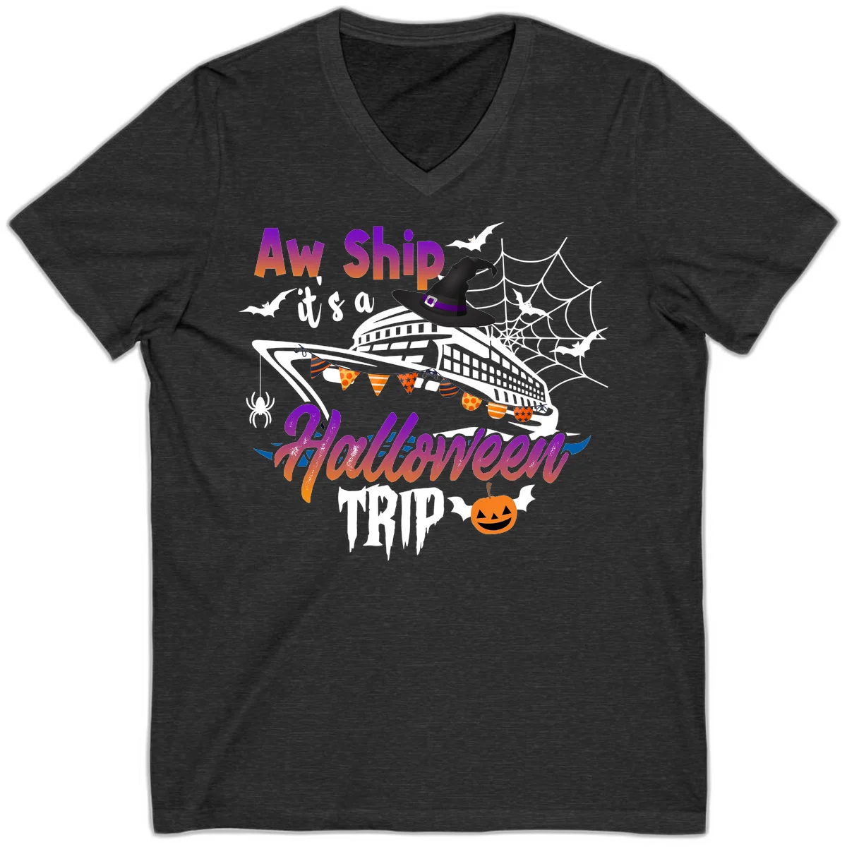 Aw Ship It's a Halloween Cruise Trip V-Neck in Dark Grey Heather