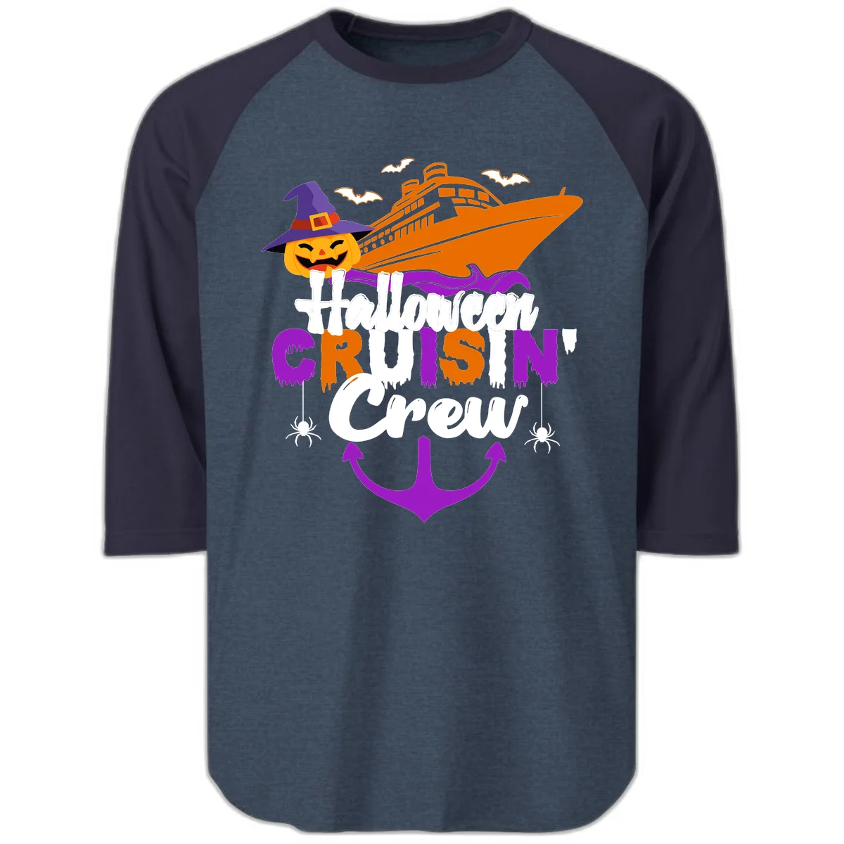 Halloween Cruise In Crew Raglan 3/4 in Heather Denim Navy
