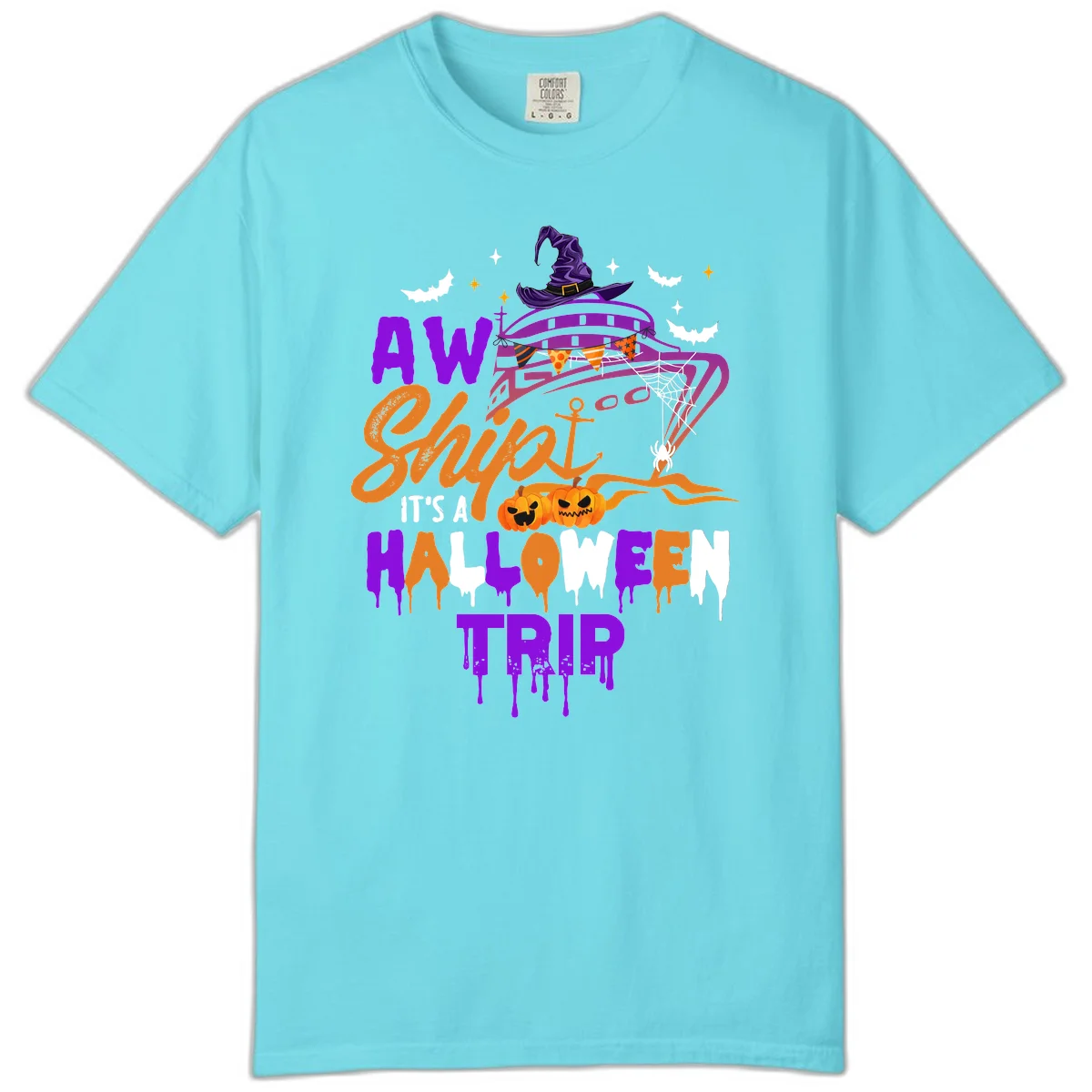 Aw Shiver Me Halloween Trip Comfort Colors Tee in Lagoon Blue