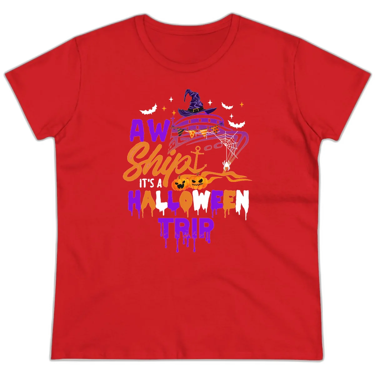 Aw Shiver Me Halloween Trip Ladies Cruise Tee in Red