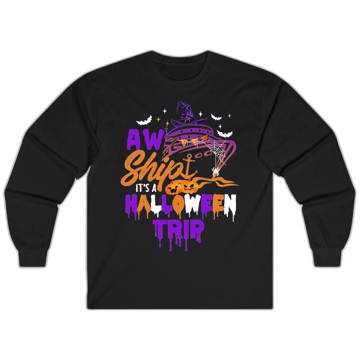 Aw Shiver Me Halloween Trip Long Sleeve Cruise Shirt in Black
