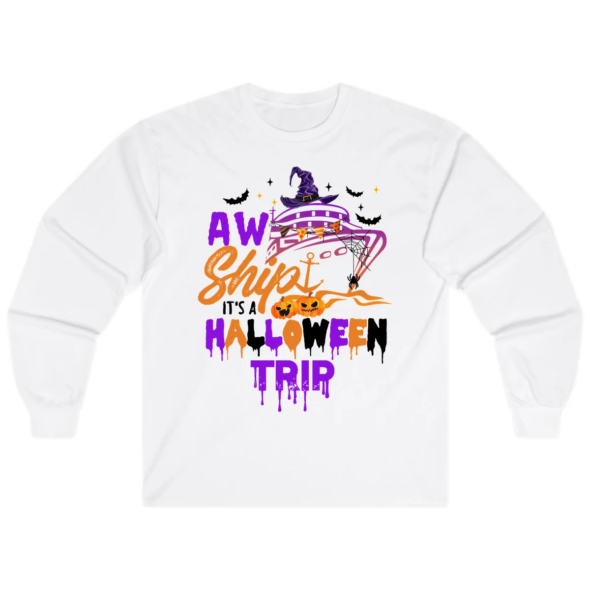 Aw Shiver Me Halloween Trip Long Sleeve Cruise Shirt in White