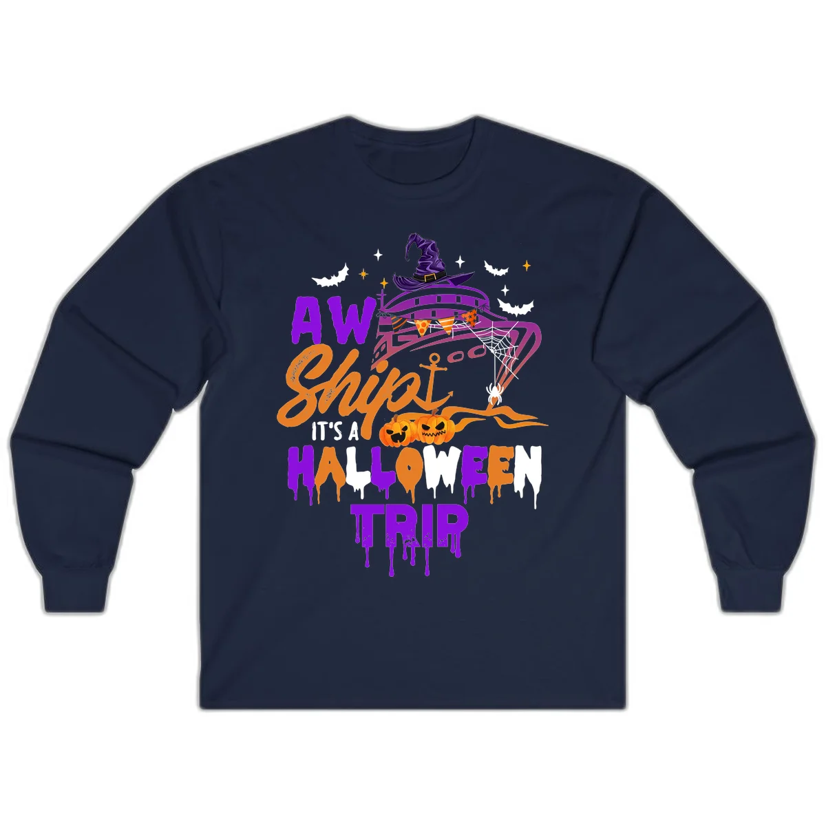 Aw Shiver Me Halloween Trip Long Sleeve Cruise Shirt in Navy