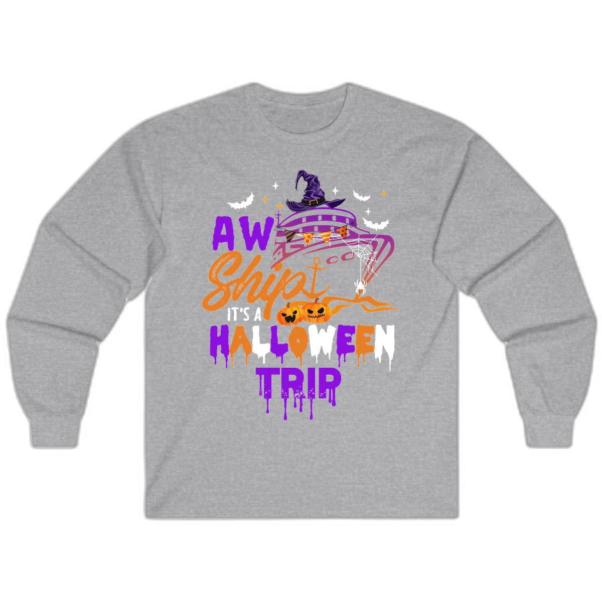 Aw Shiver Me Halloween Trip Long Sleeve Cruise Shirt in Sport Grey