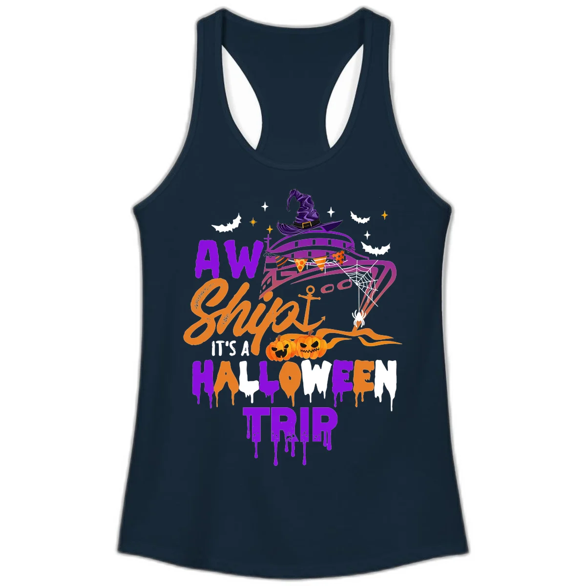 Aw Shiver Me Halloween Trip Ladies Tank Top in Solid Midnight Navy
