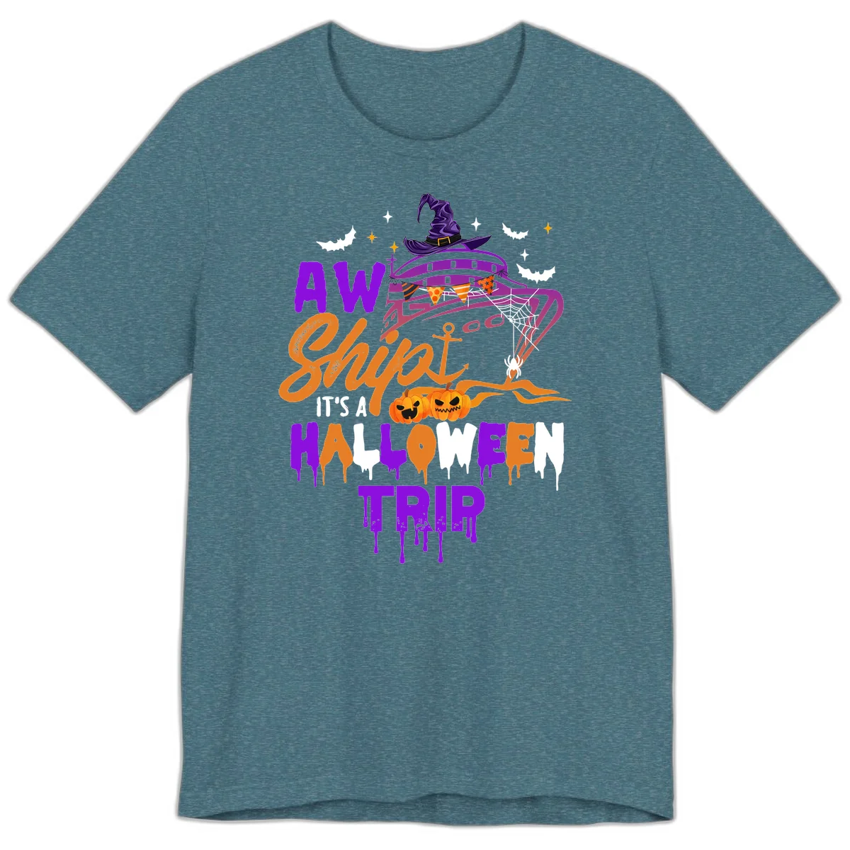 Aw Shiver Me Halloween Trip Premium Cruise Tee in Heather Deep Teal