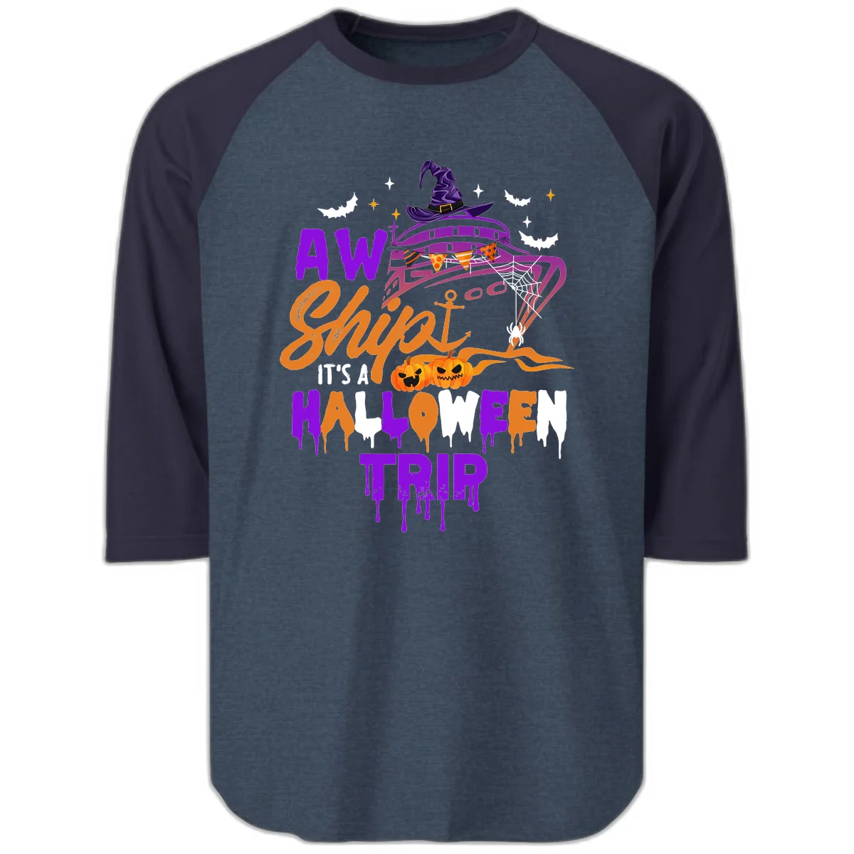 Aw Shiver Me Halloween Trip Raglan 3/4 Sleeve Tee in Heather Denim Navy