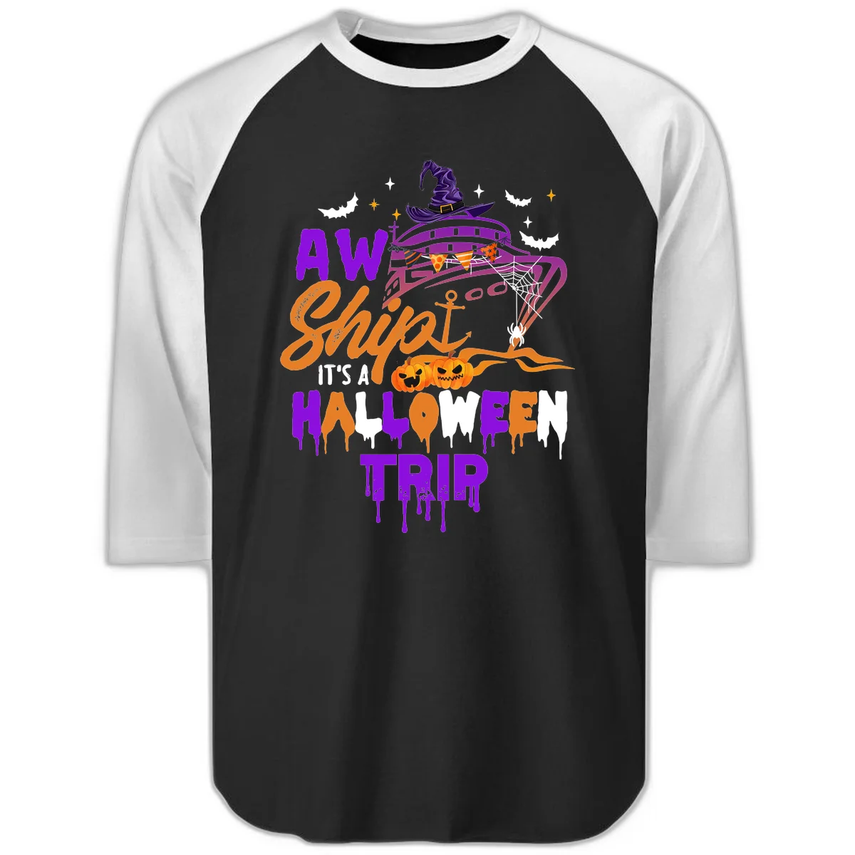 Aw Shiver Me Halloween Trip Raglan 3/4 Sleeve Tee in Black White