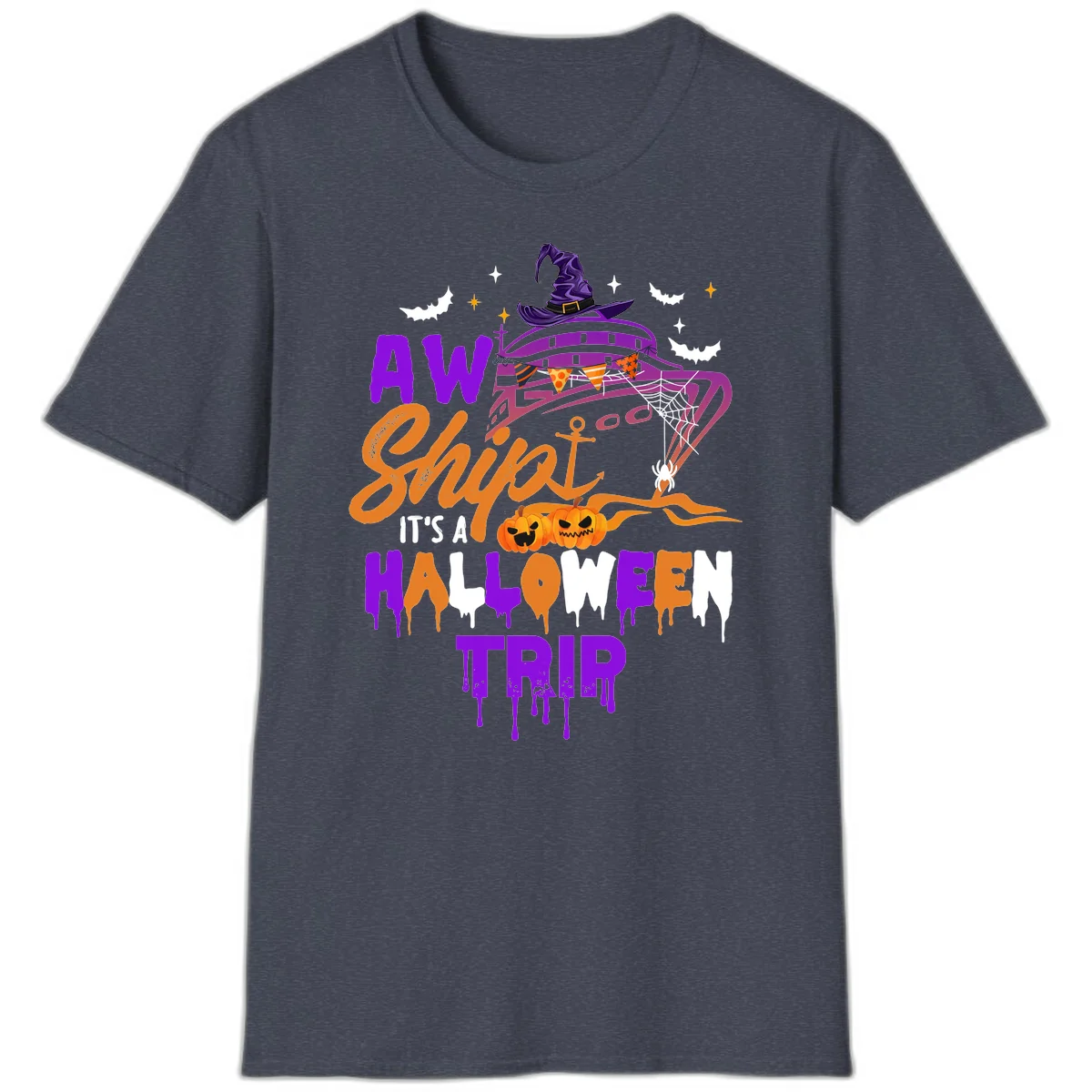 Aw Shiver Me Halloween Trip Fun Cruise T-Shirt in Heather Navy