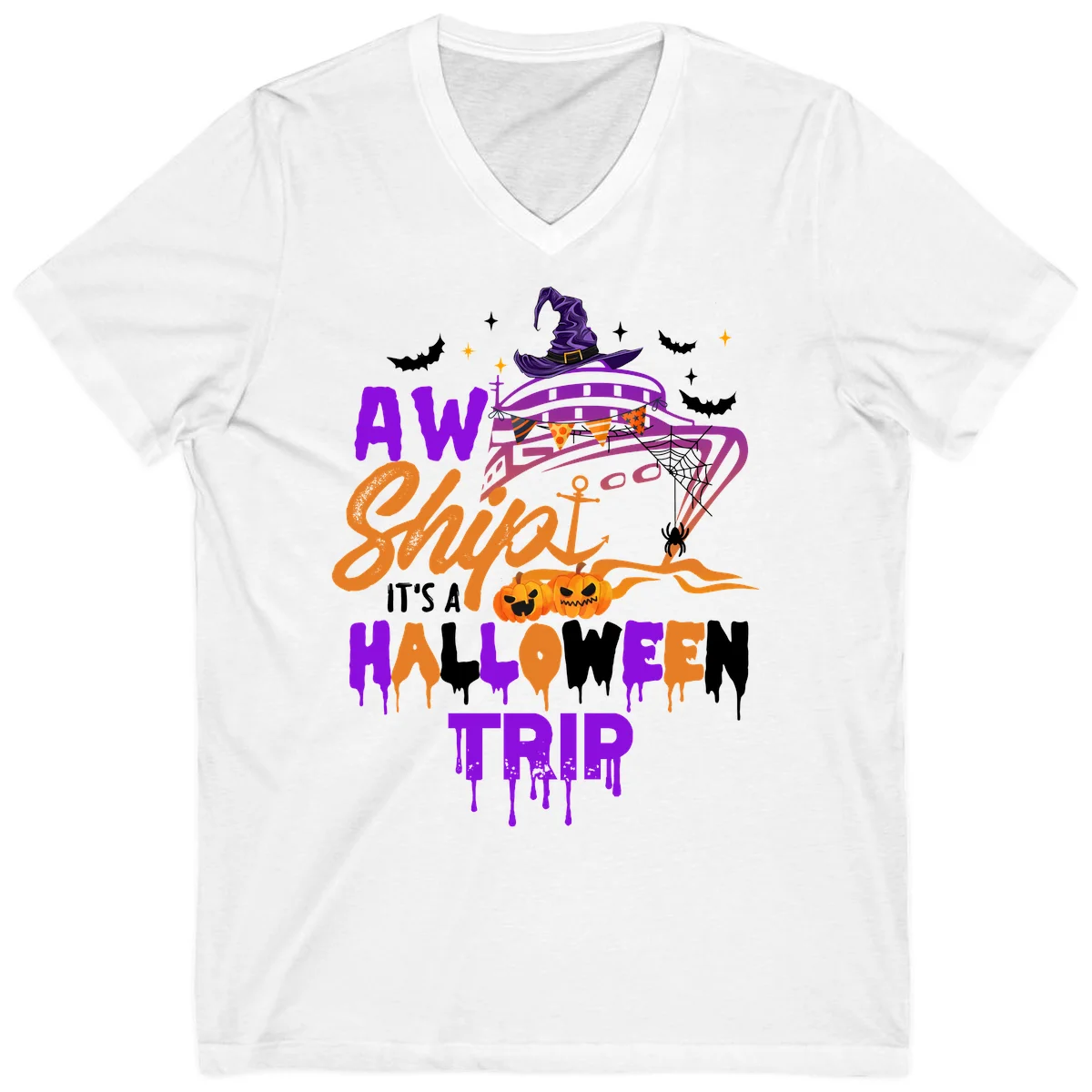 Aw Shiver Me Halloween Trip V-Neck Cruise Tee in White