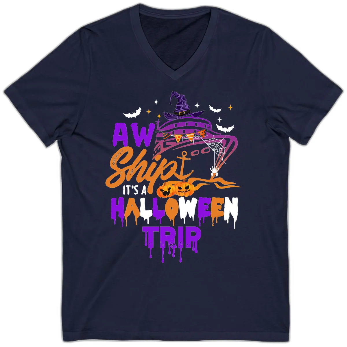Aw Shiver Me Halloween Trip V-Neck Cruise Tee in Navy