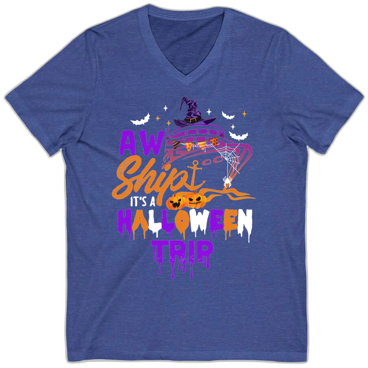 Aw Shiver Me Halloween Trip V-Neck Cruise Tee in Heather True Royal