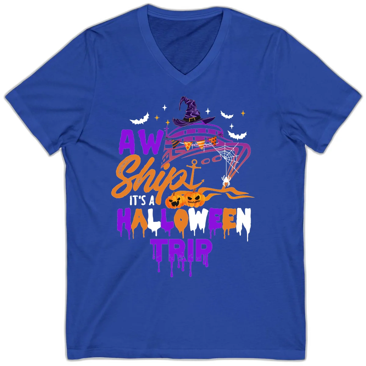 Aw Shiver Me Halloween Trip V-Neck Cruise Tee in True Royal