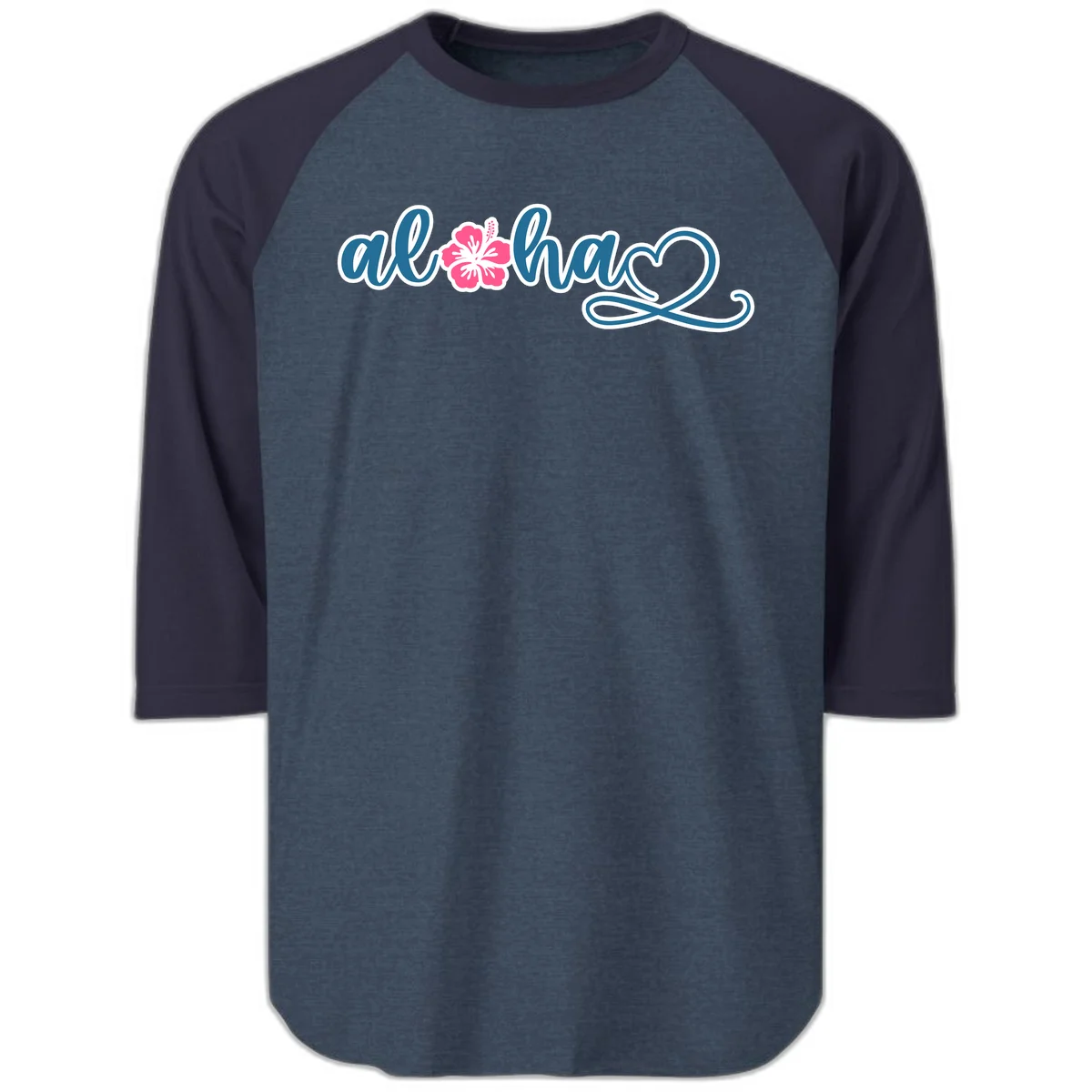 Aloha Vibes Hibiscus Cruise Raglan 3/4 in Heather Denim Navy