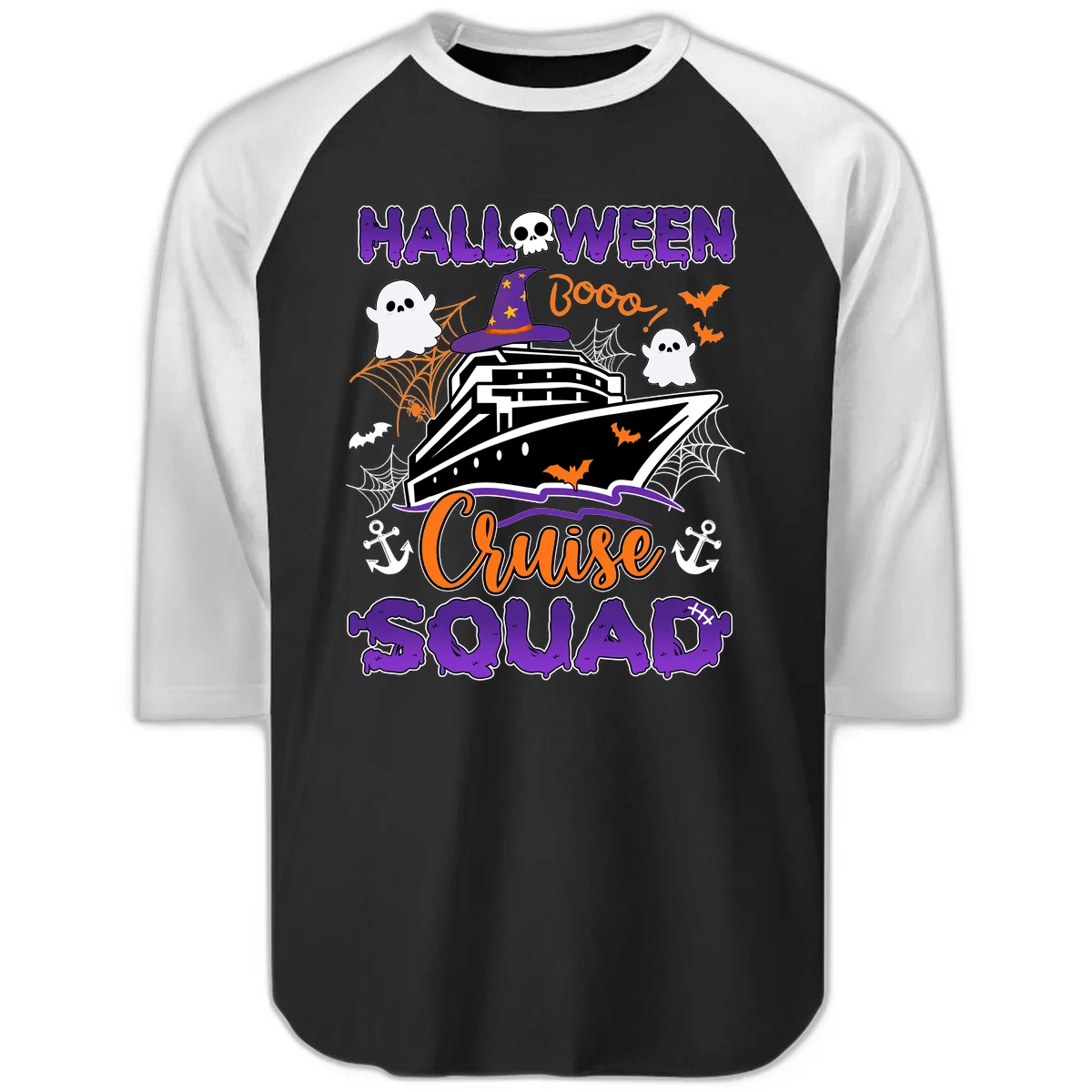 Halloween Cruise Squad Raglan 3/4 in Black White