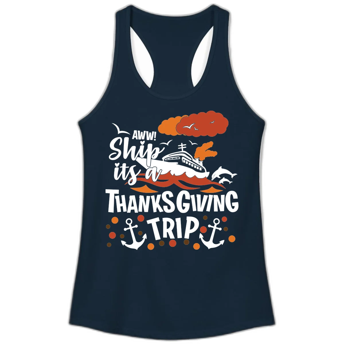 Aww Ship It's A Thanksgiving Trip Ladies Tank in Solid Midnight Navy