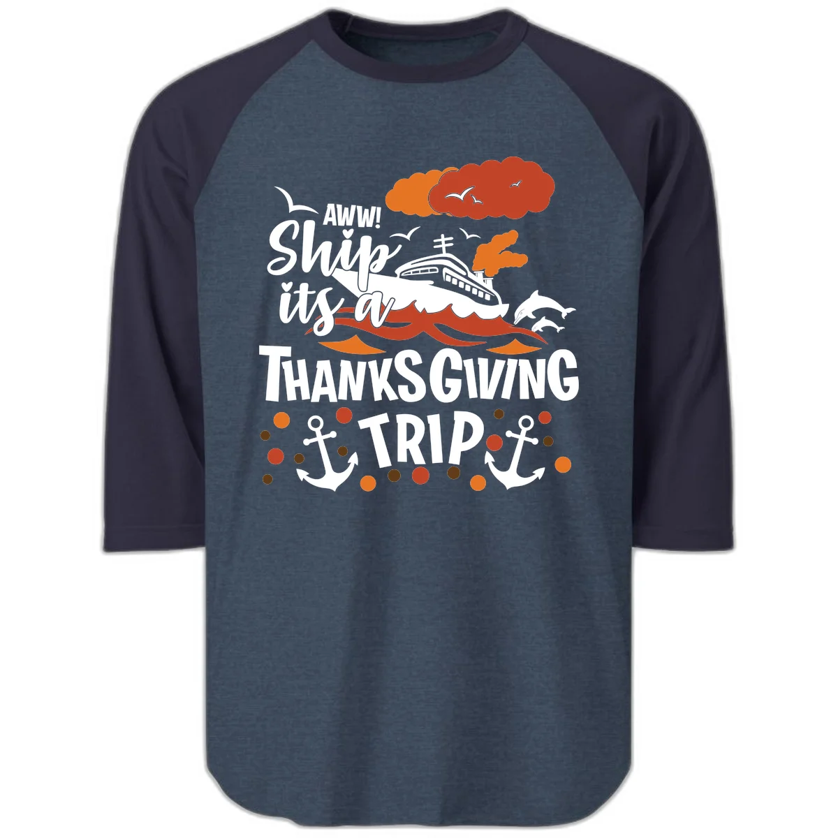 Aww Ship It's A Thanksgiving Trip Raglan 3/4 in Heather Denim Navy