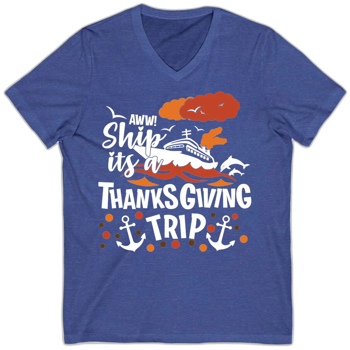 Aww Ship It's A Thanksgiving Trip V-Neck in Heather True Royal
