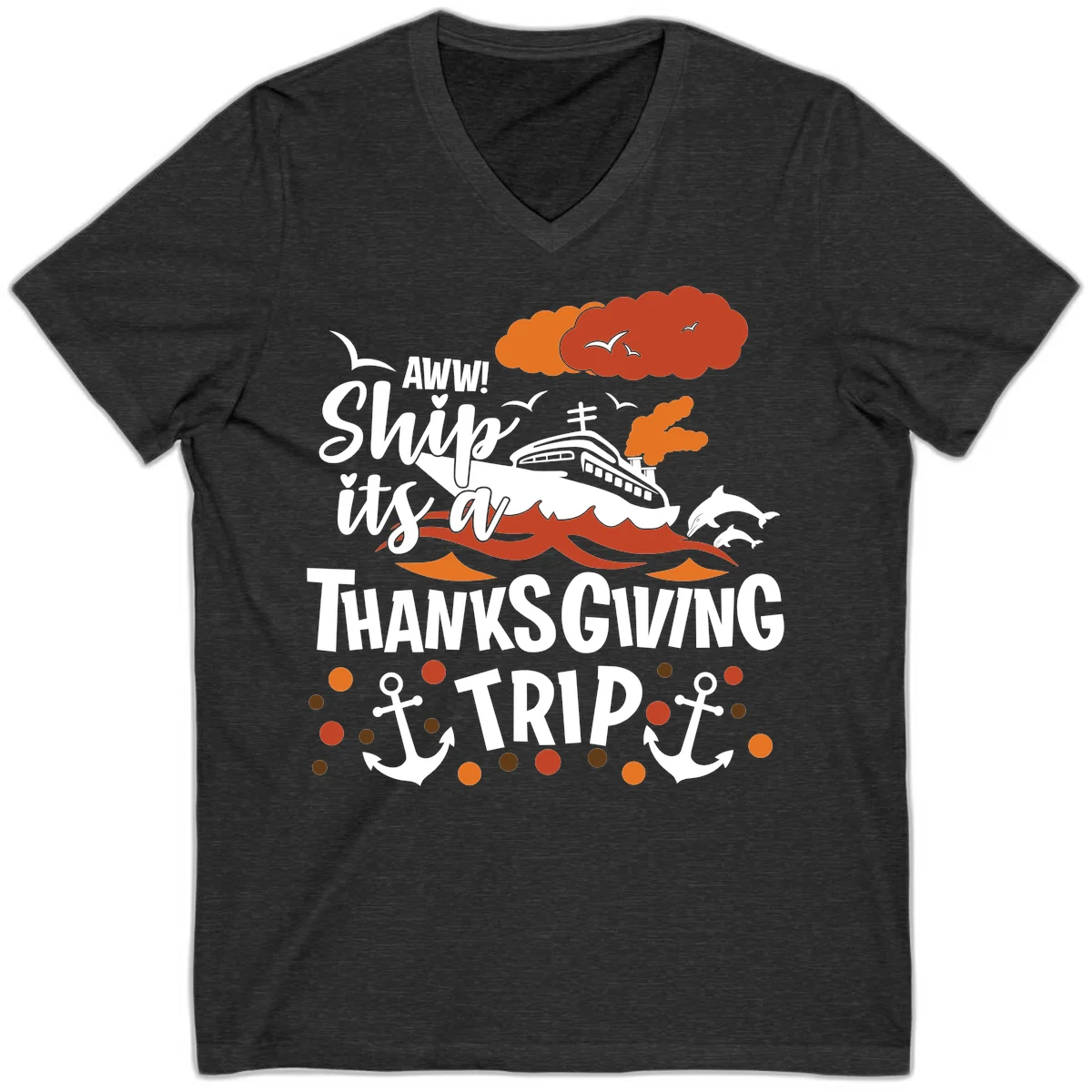 Aww Ship It's A Thanksgiving Trip V-Neck in Dark Grey Heather