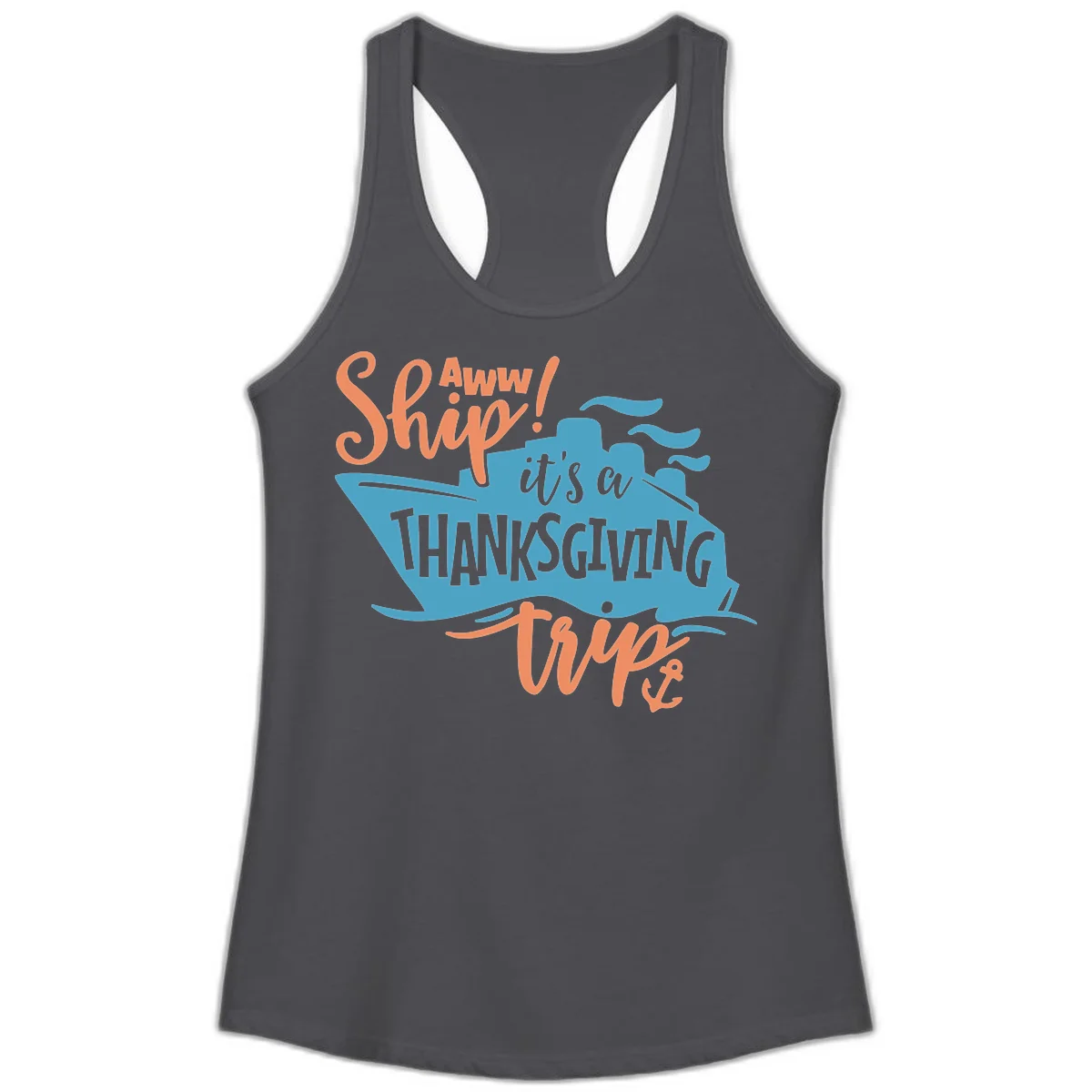 Aww Ship It's a Thanksgiving Trip Ladies Tank in Solid Dark Gray