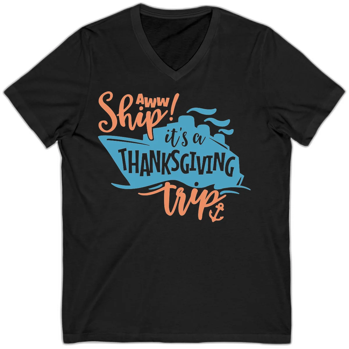 Aww Ship It's a Thanksgiving Trip V-Neck in Black