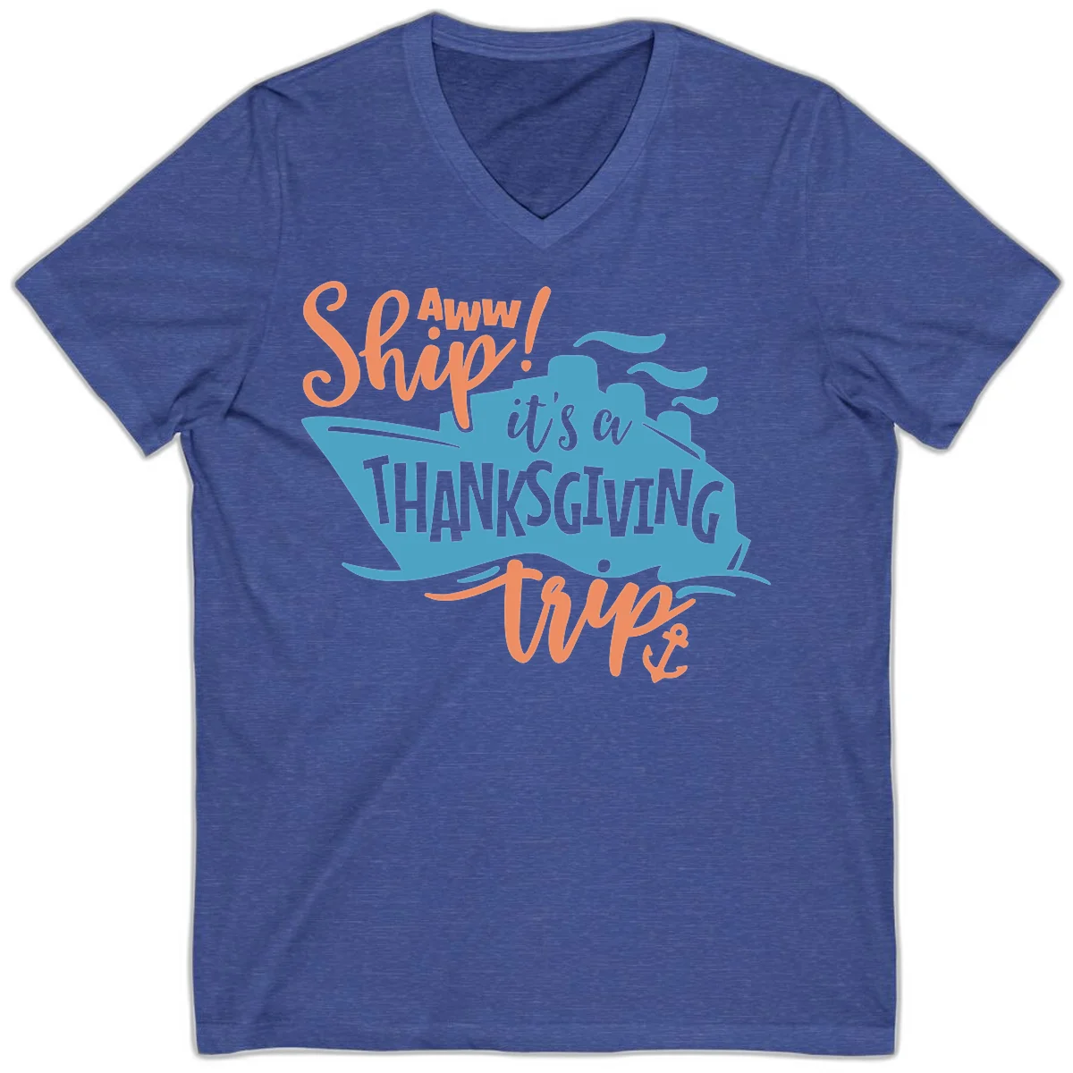 Aww Ship It's a Thanksgiving Trip V-Neck in Heather True Royal