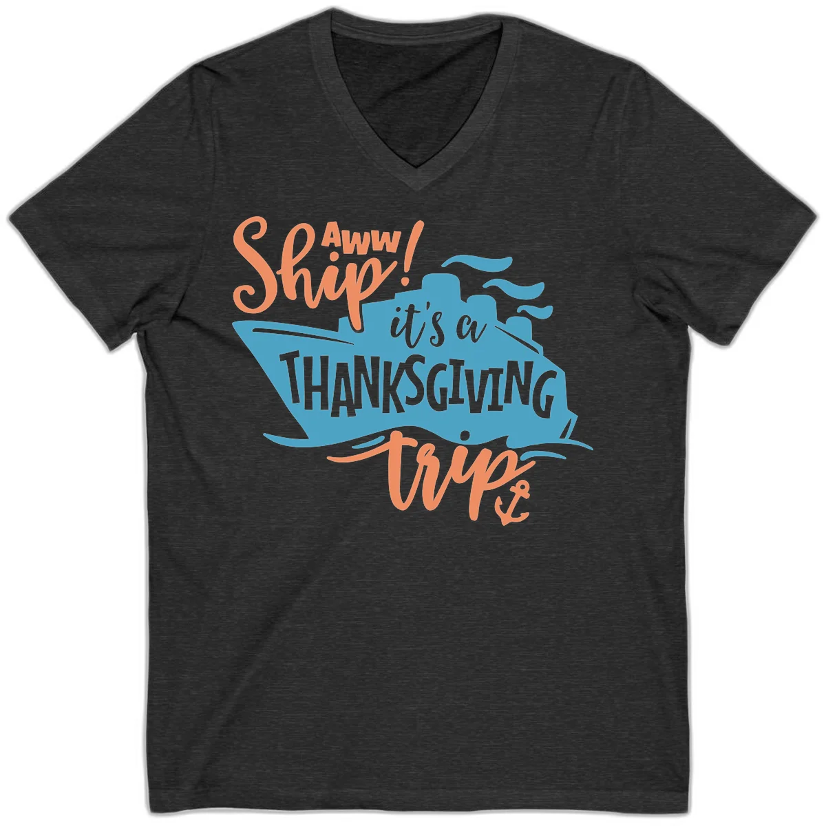Aww Ship It's a Thanksgiving Trip V-Neck in Dark Grey Heather