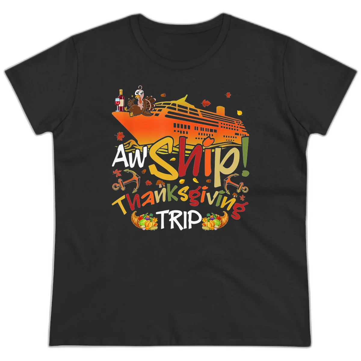 An Ship Thanksgiving Trip Ladies Tee in Black