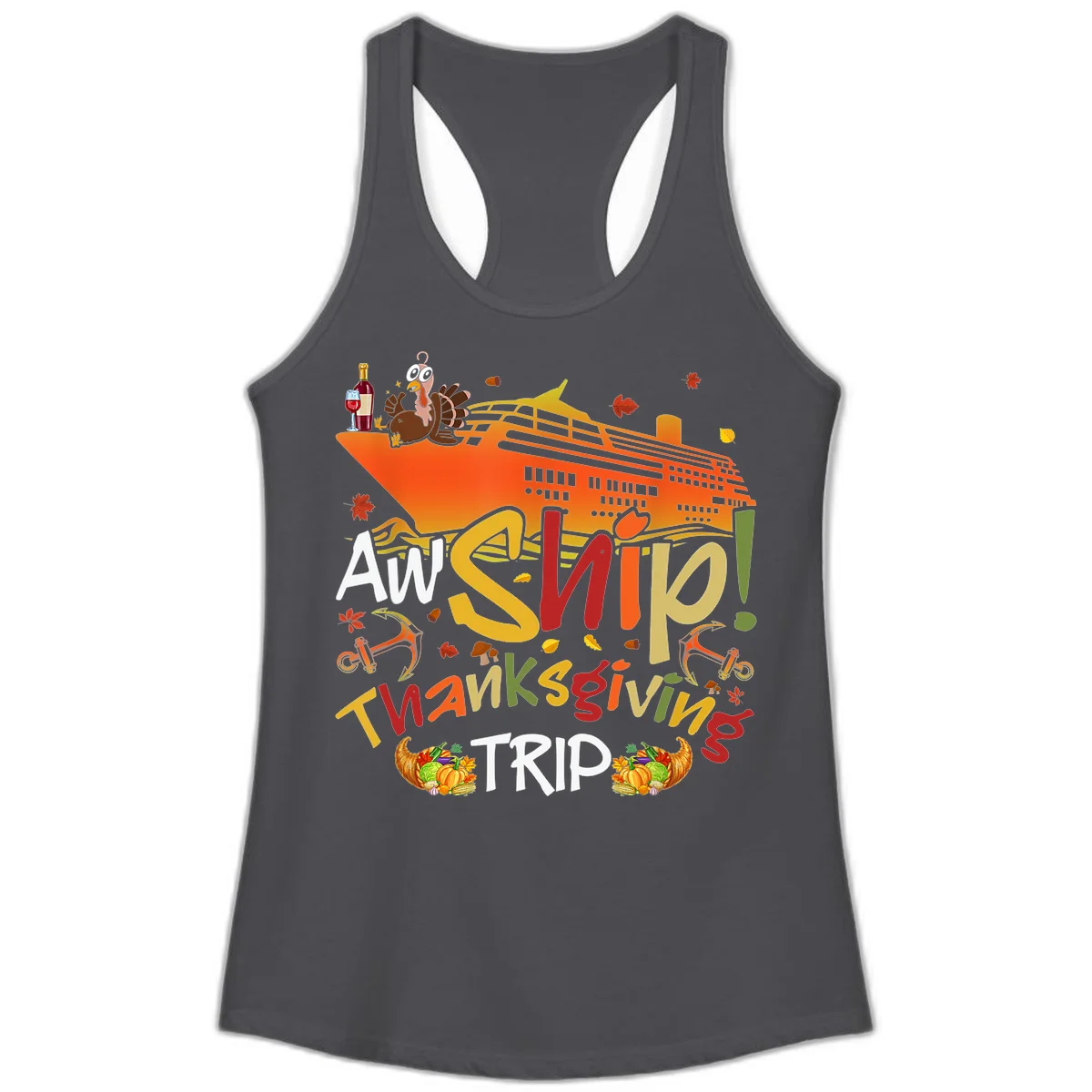 An Ship Thanksgiving Trip Ladies Tank in Solid Dark Gray