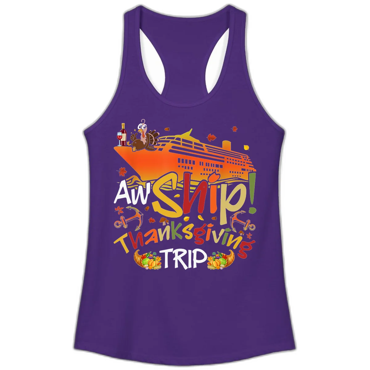An Ship Thanksgiving Trip Ladies Tank in Solid Purple Rush