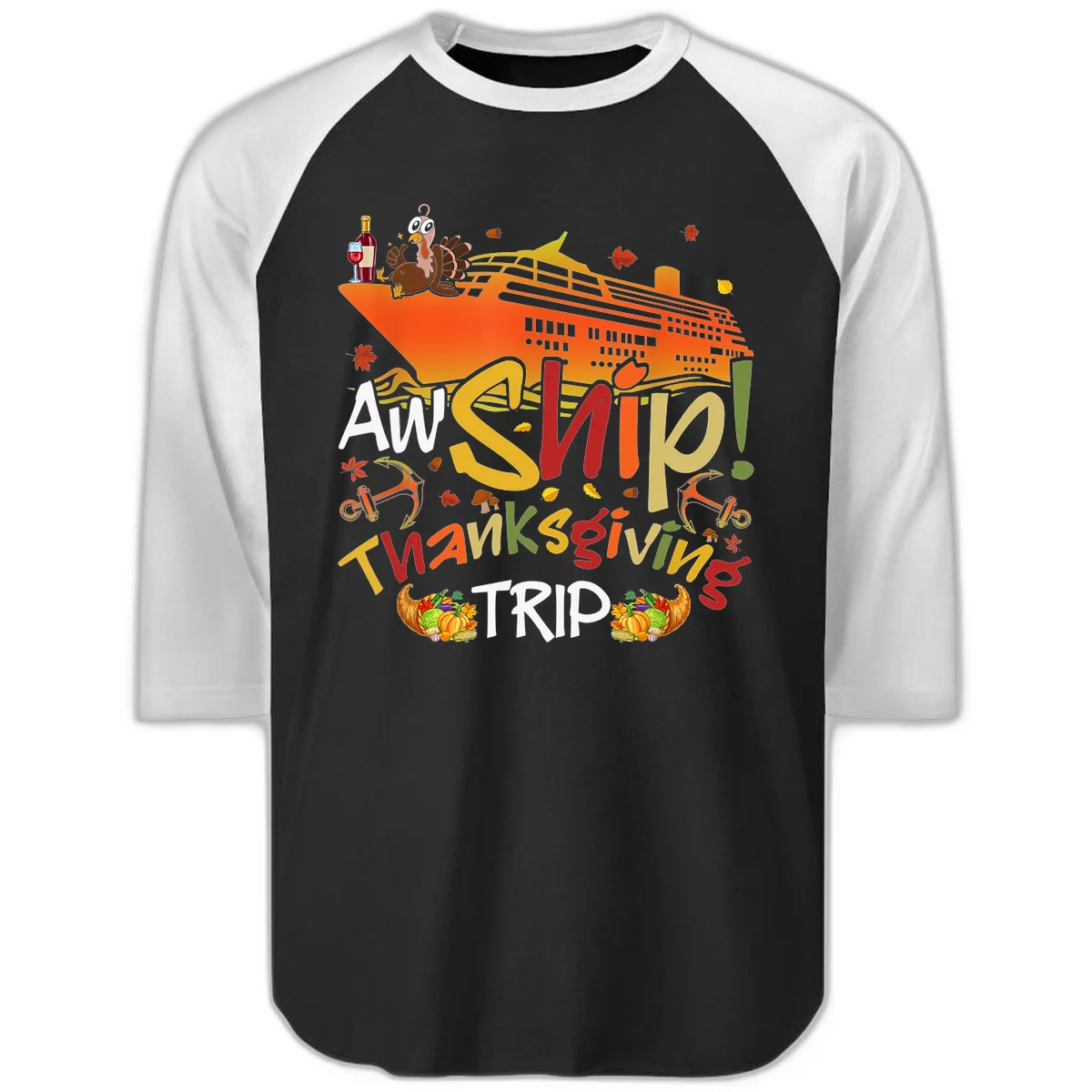 An Ship Thanksgiving Trip Raglan 3/4 in Black White