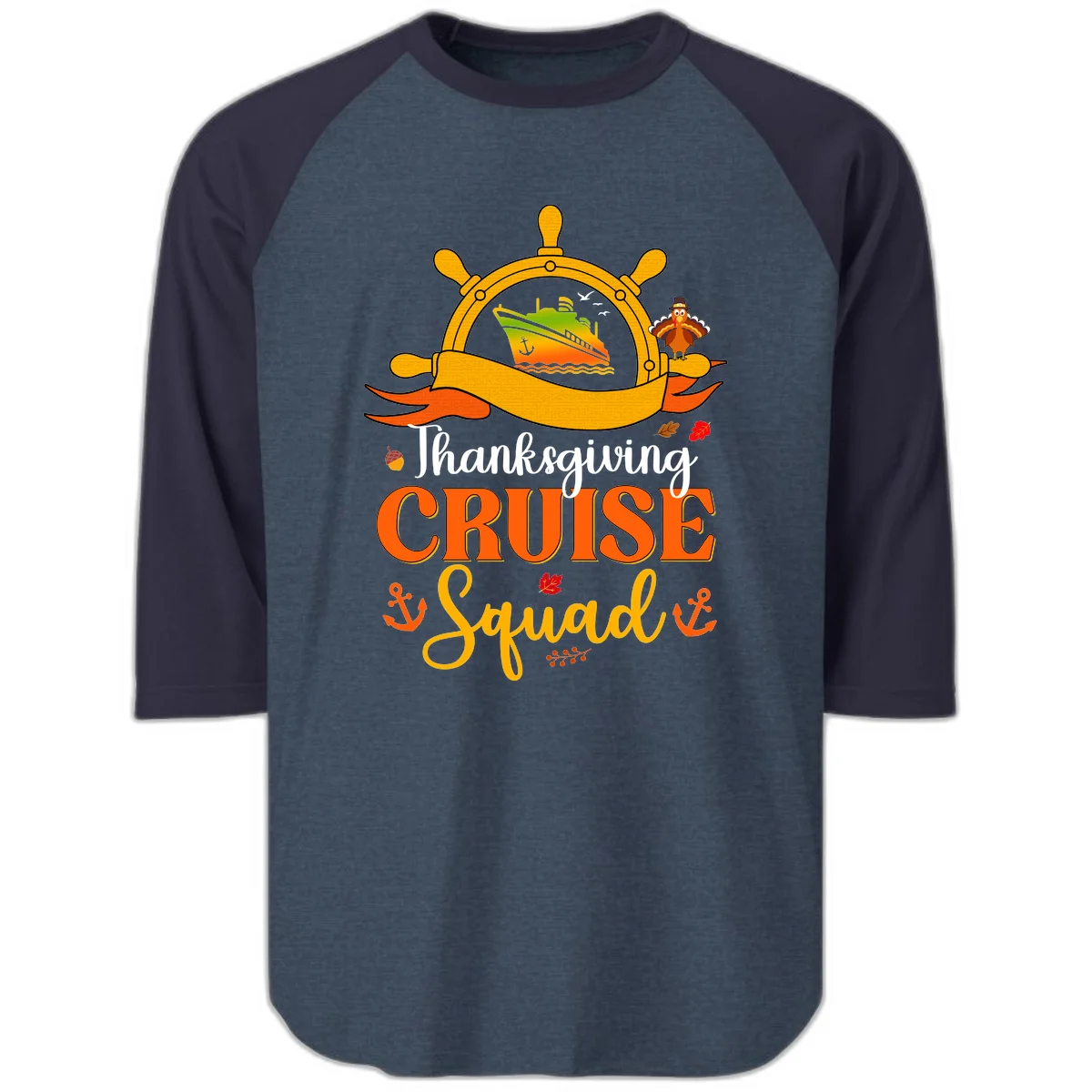 Thanksgiving Cruise Squad Raglan 3/4 Tee in Heather Denim Navy