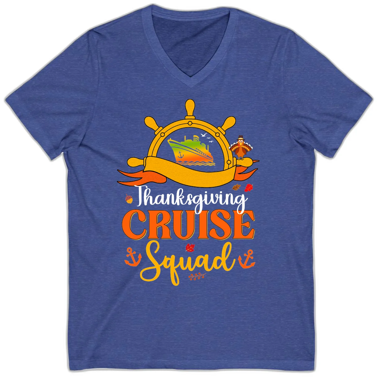 Thanksgiving Cruise Squad V-Neck Tee in Heather True Royal
