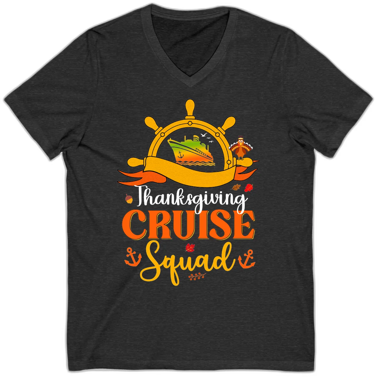 Thanksgiving Cruise Squad V-Neck Tee in Dark Grey Heather