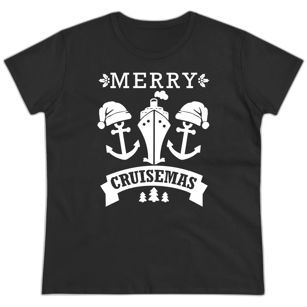 Merry Cruisemas Nautical Holiday Ladies Tee in Black