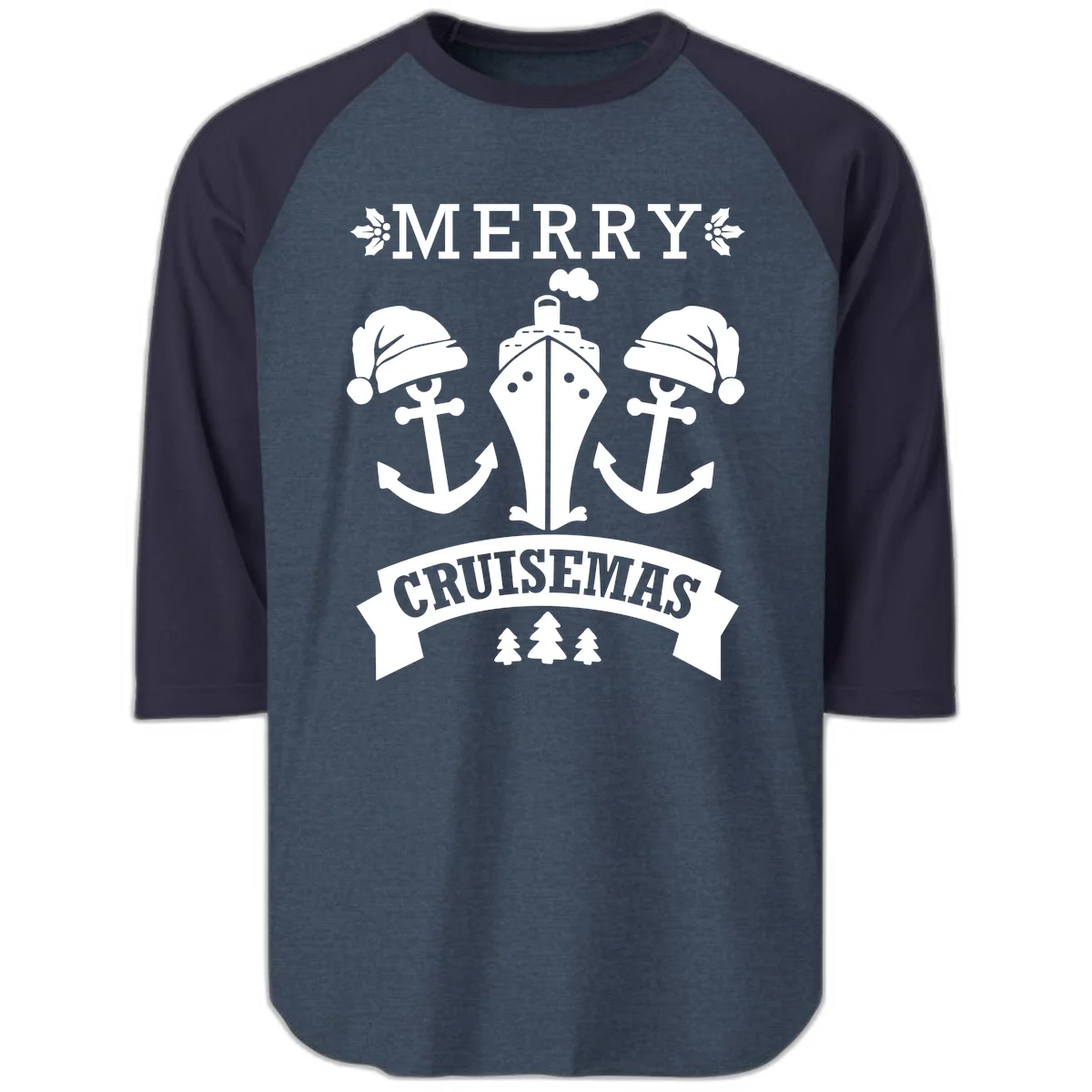 Merry Cruisemas Nautical Holiday Raglan 3/4 in Heather Denim Navy