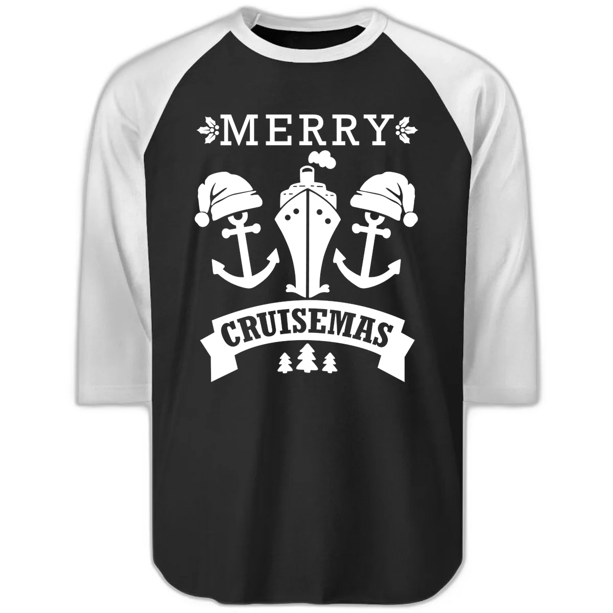 Merry Cruisemas Nautical Holiday Raglan 3/4 in Black White