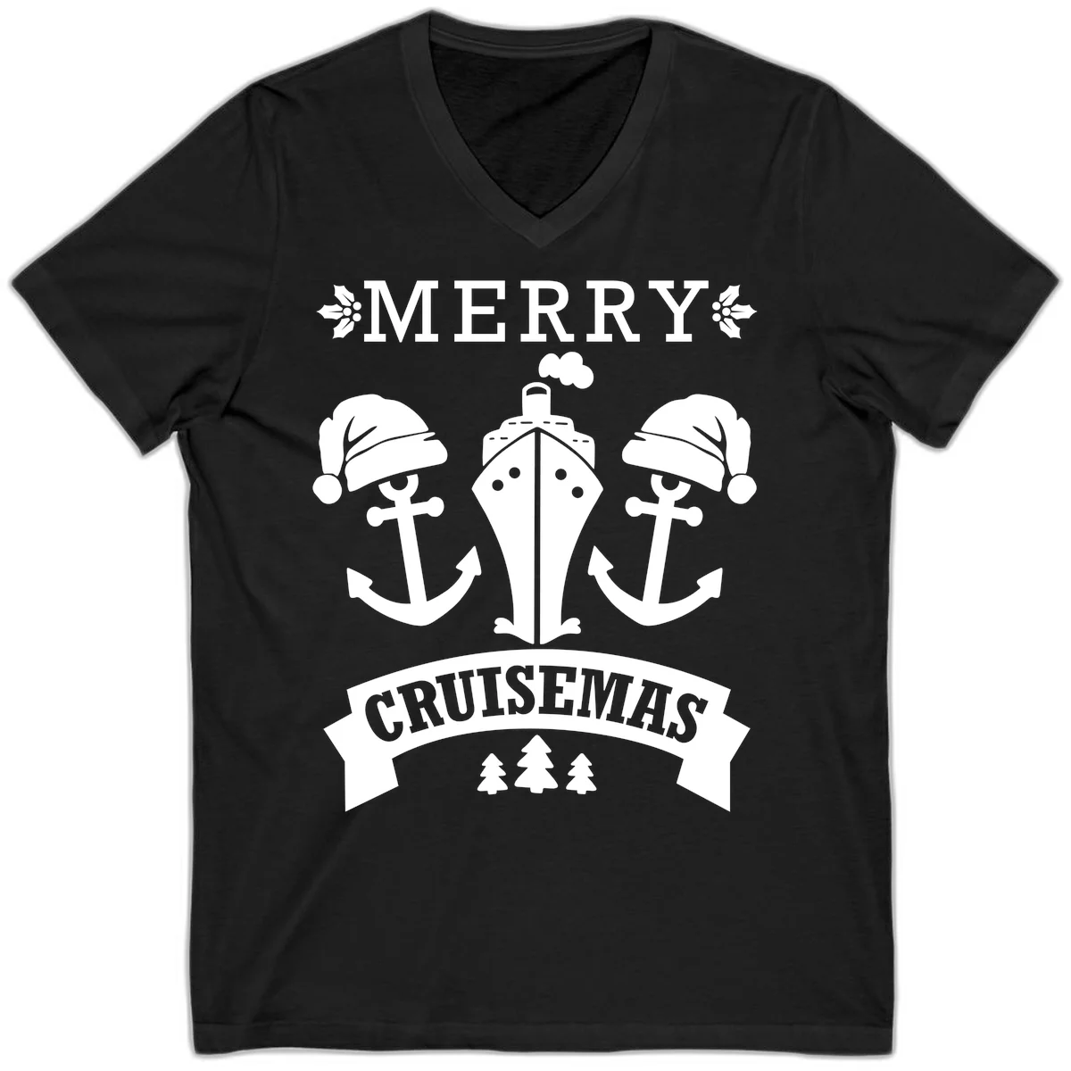 Merry Cruisemas Nautical Holiday V-Neck in Black