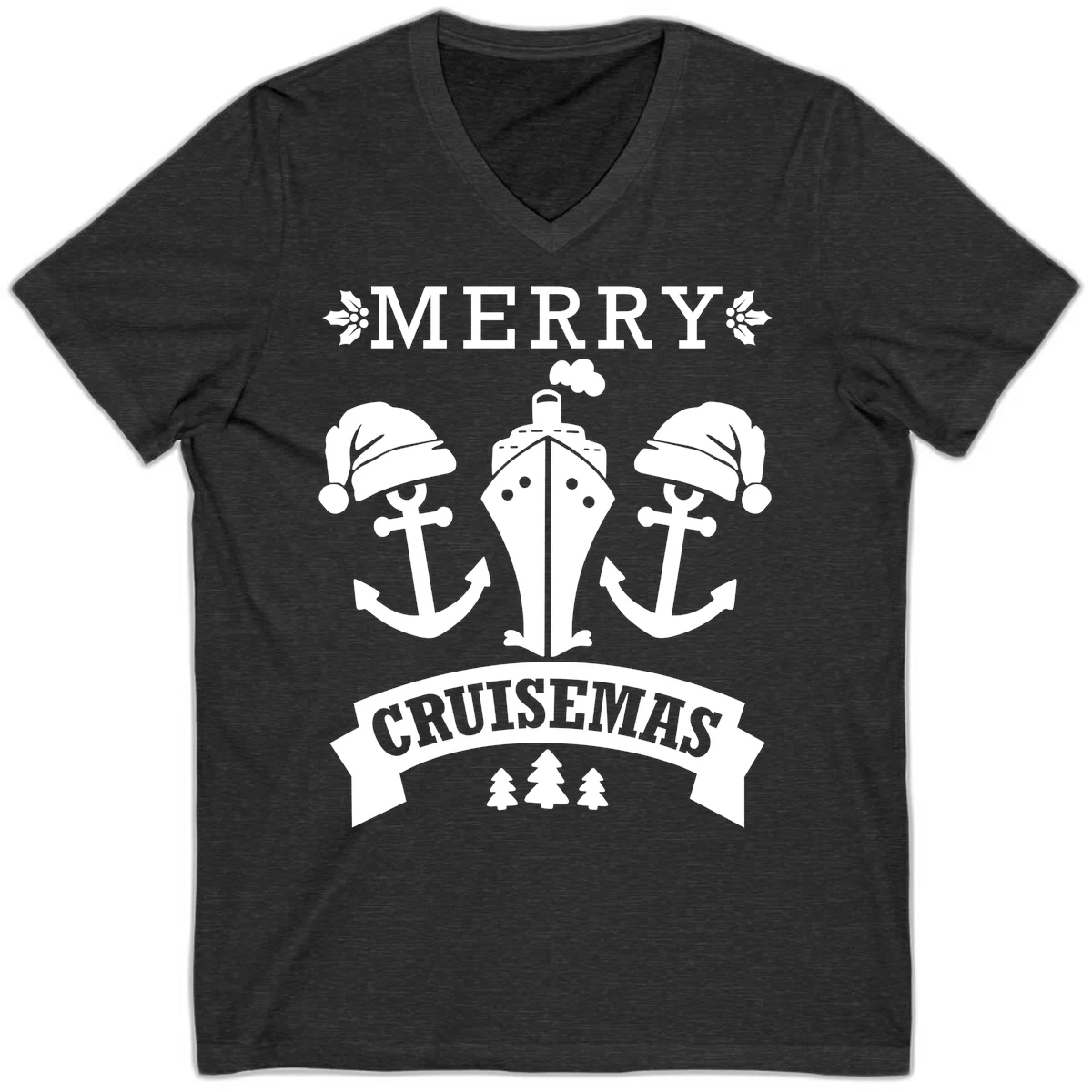 Merry Cruisemas Nautical Holiday V-Neck in Dark Grey Heather
