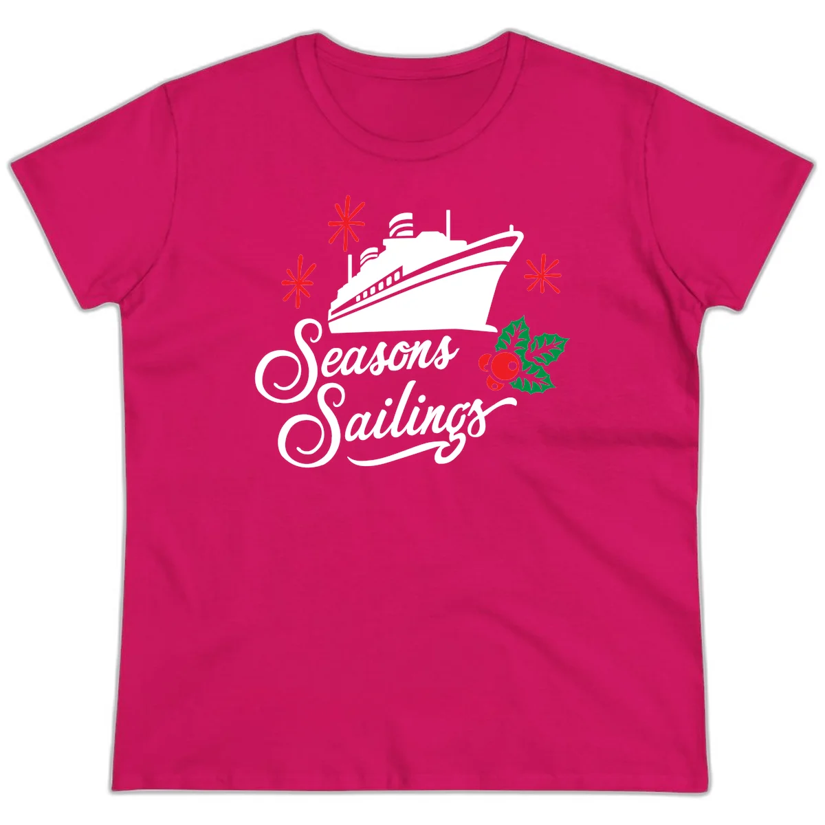 Seasons Sailings Cruise Holiday Ladies Tee in Heliconia