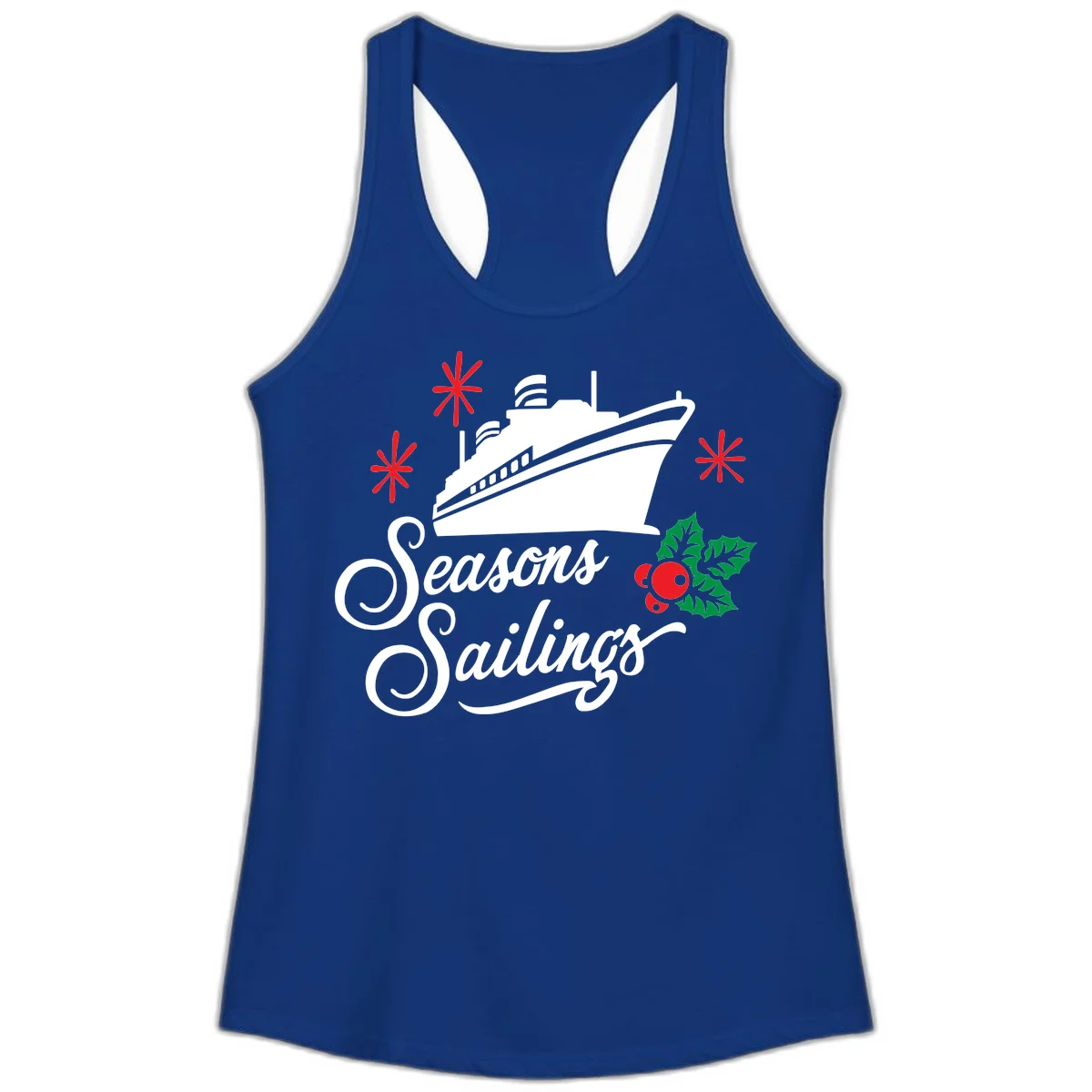 Seasons Sailings Cruise Holiday Ladies Tank in Solid Royal