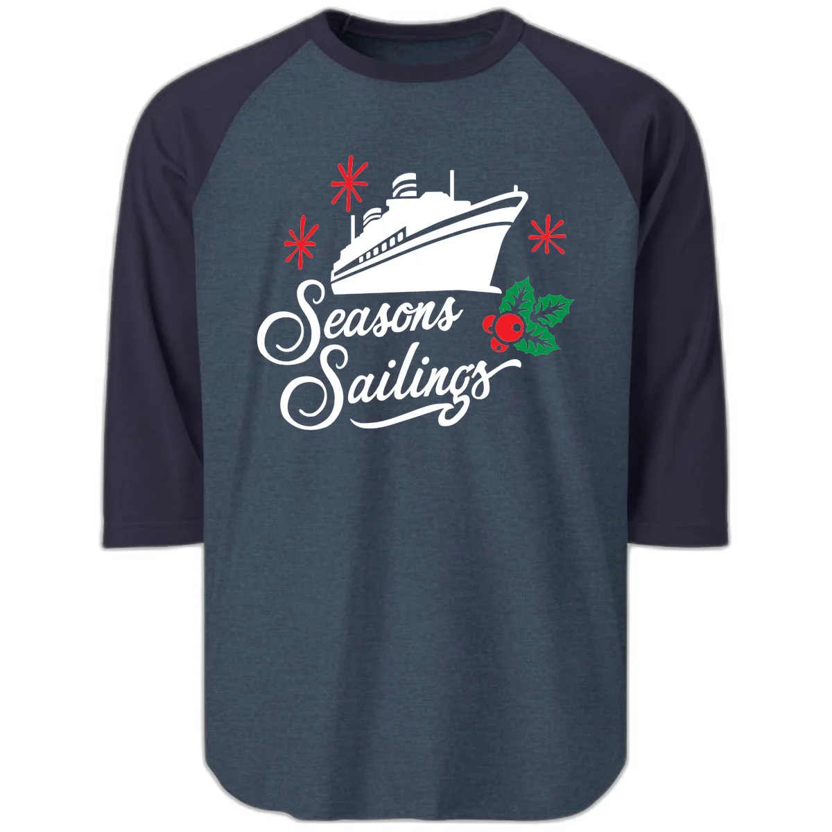 Seasons Sailings Cruise Holiday Raglan 3/4 in Heather Denim Navy