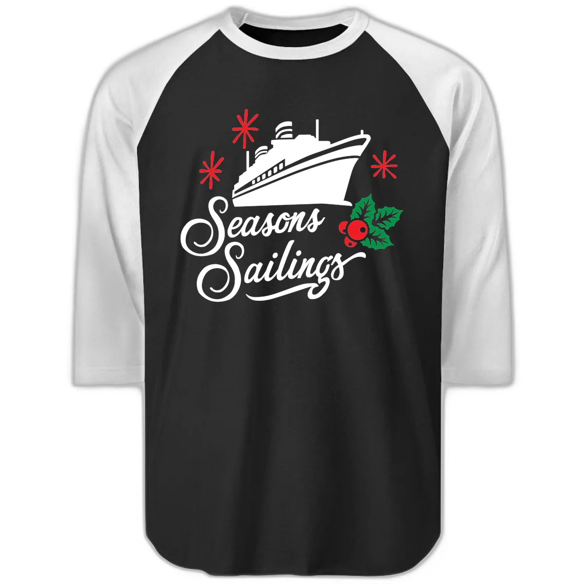 Seasons Sailings Cruise Holiday Raglan 3/4 in Black White
