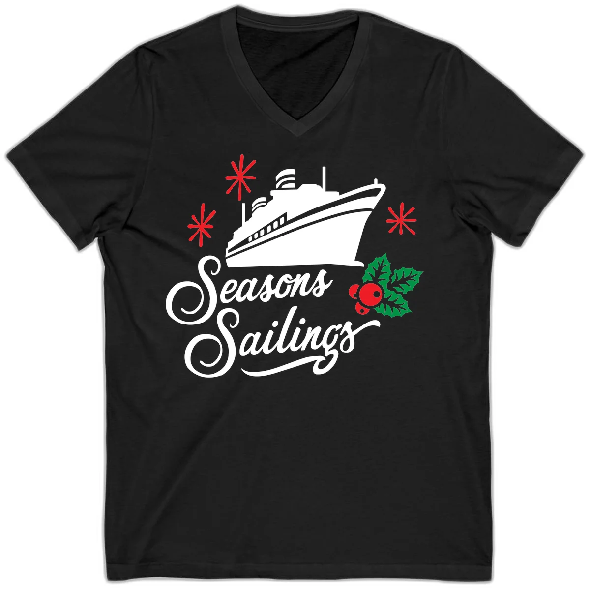 Seasons Sailings Cruise Holiday V-Neck in Black