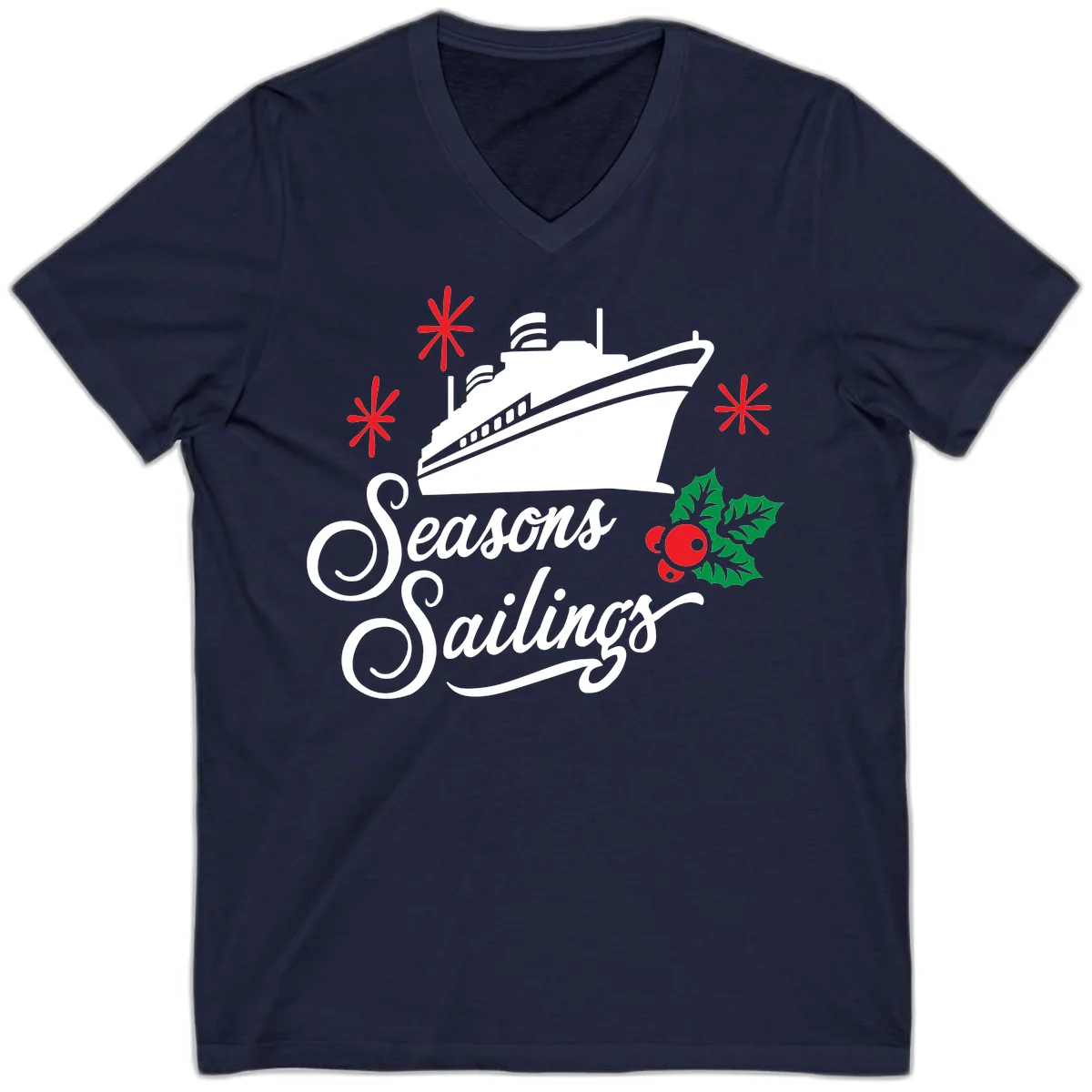 Seasons Sailings Cruise Holiday V-Neck in Navy