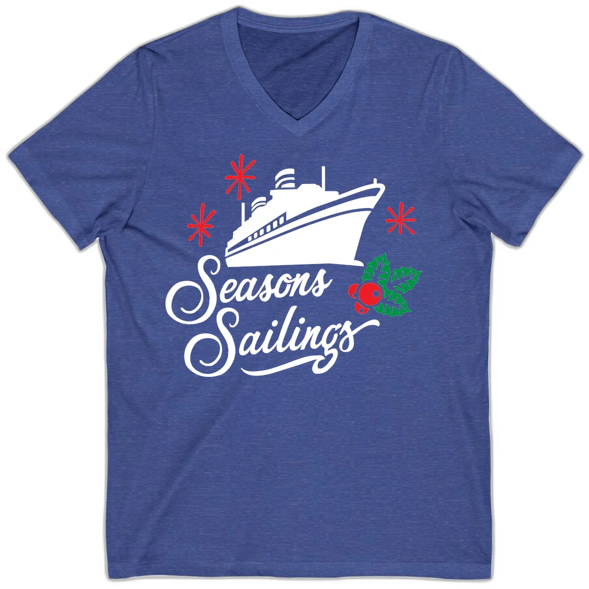 Seasons Sailings Cruise Holiday V-Neck in Heather True Royal
