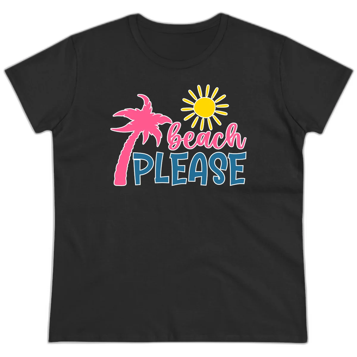Beach Please Palm Tree Vacation Ladies Tee in Black