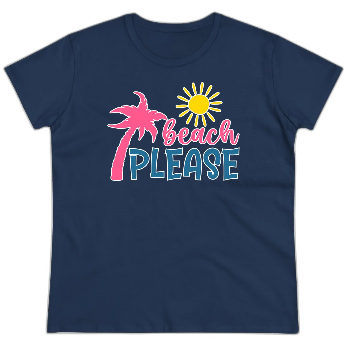 Beach Please Palm Tree Vacation Ladies Tee in Navy
