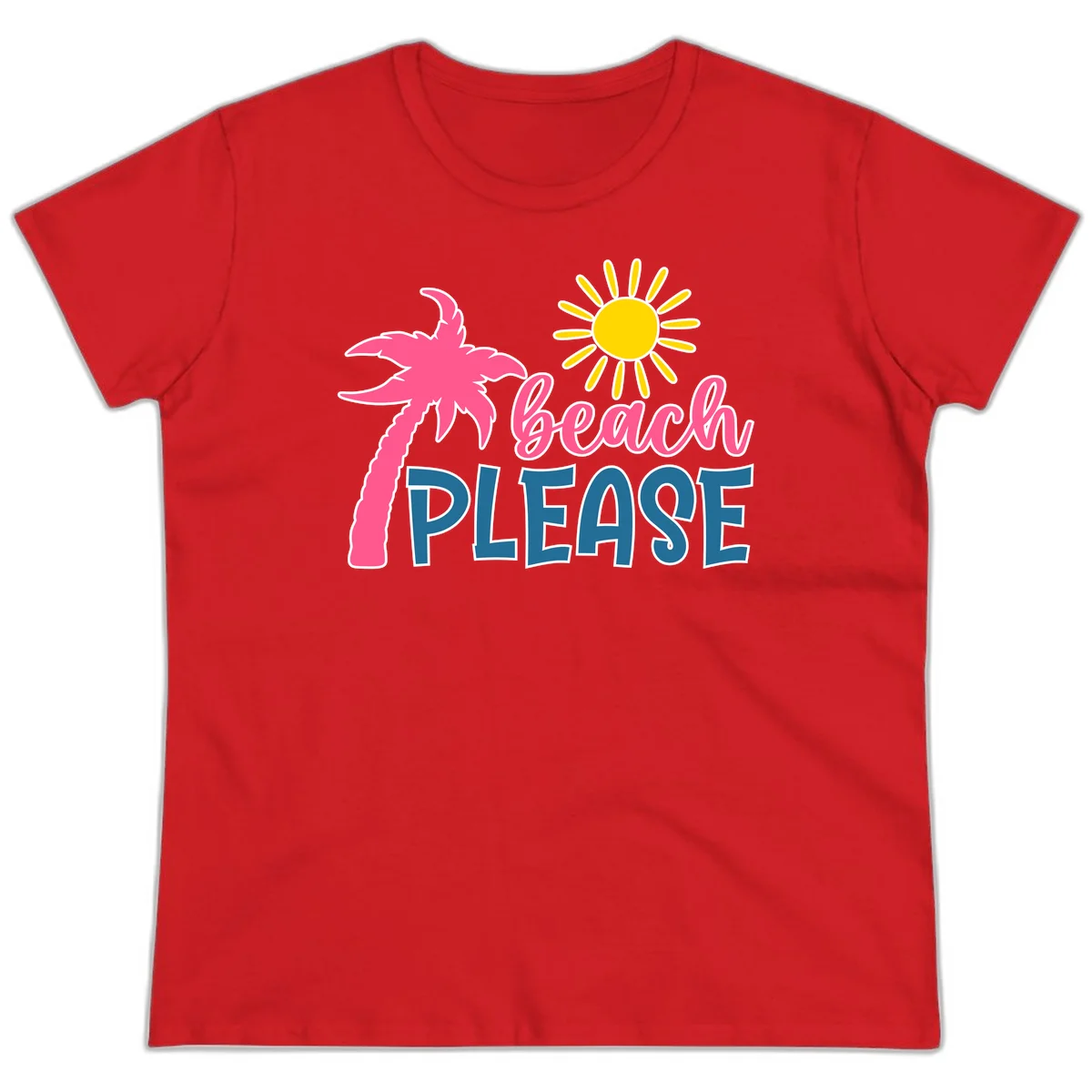 Beach Please Palm Tree Vacation Ladies Tee in Red