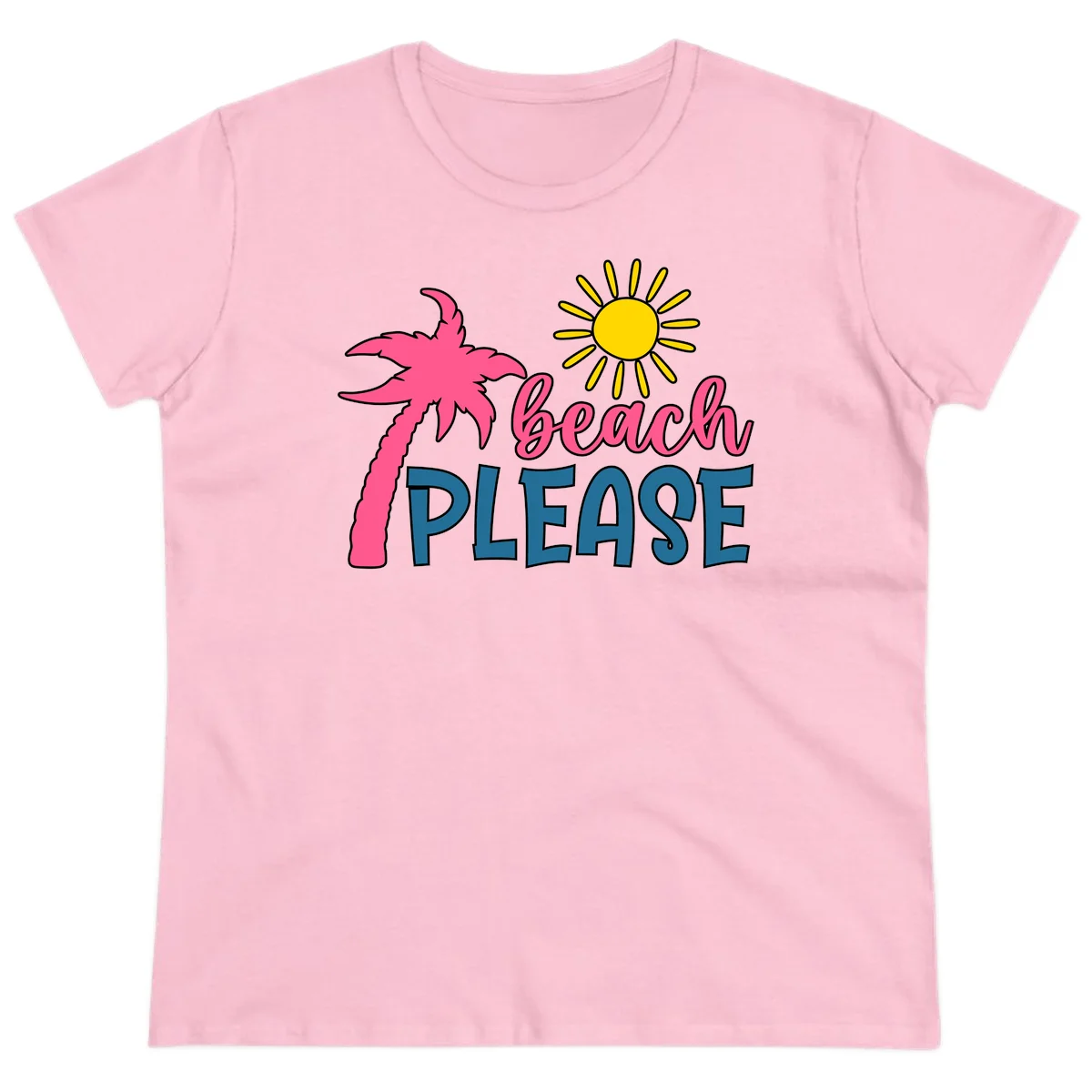Beach Please Palm Tree Vacation Ladies Tee in Light Pink